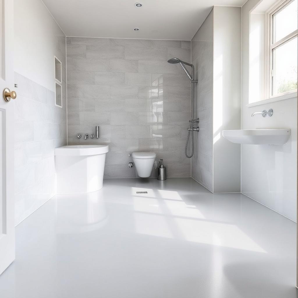 Waterproofing membrane applied across a full bathroom floor and walls
